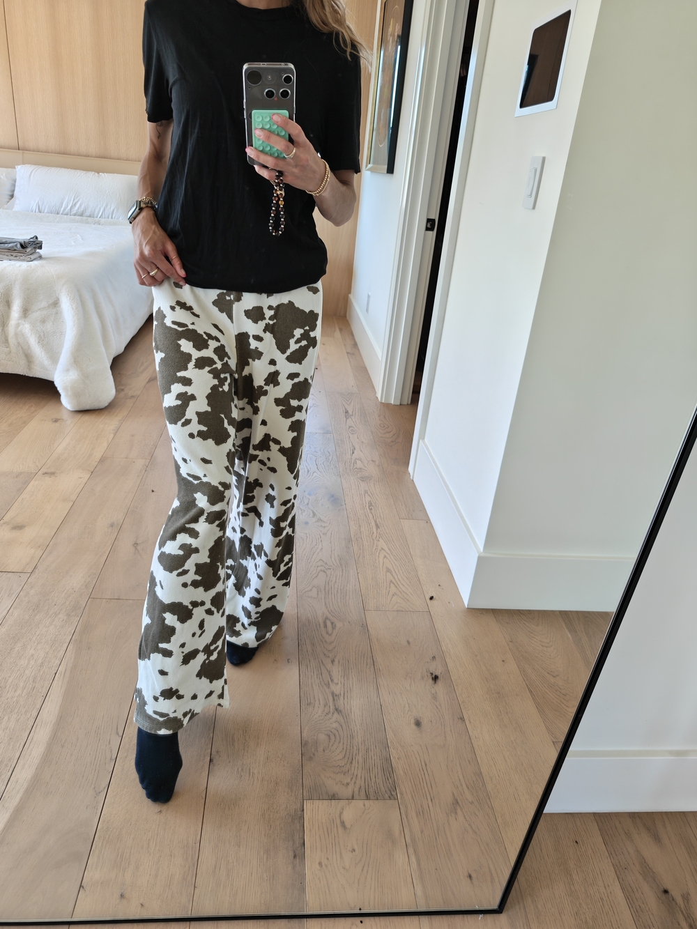 Cow Print Wide-Leg Pants in Olive & Cream